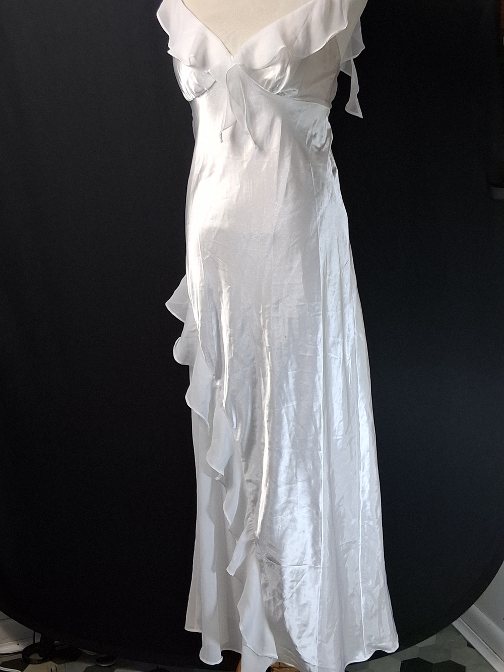Old Hollywood Glam White Satin Cheffon Ruffle-Trim Maxi Dress